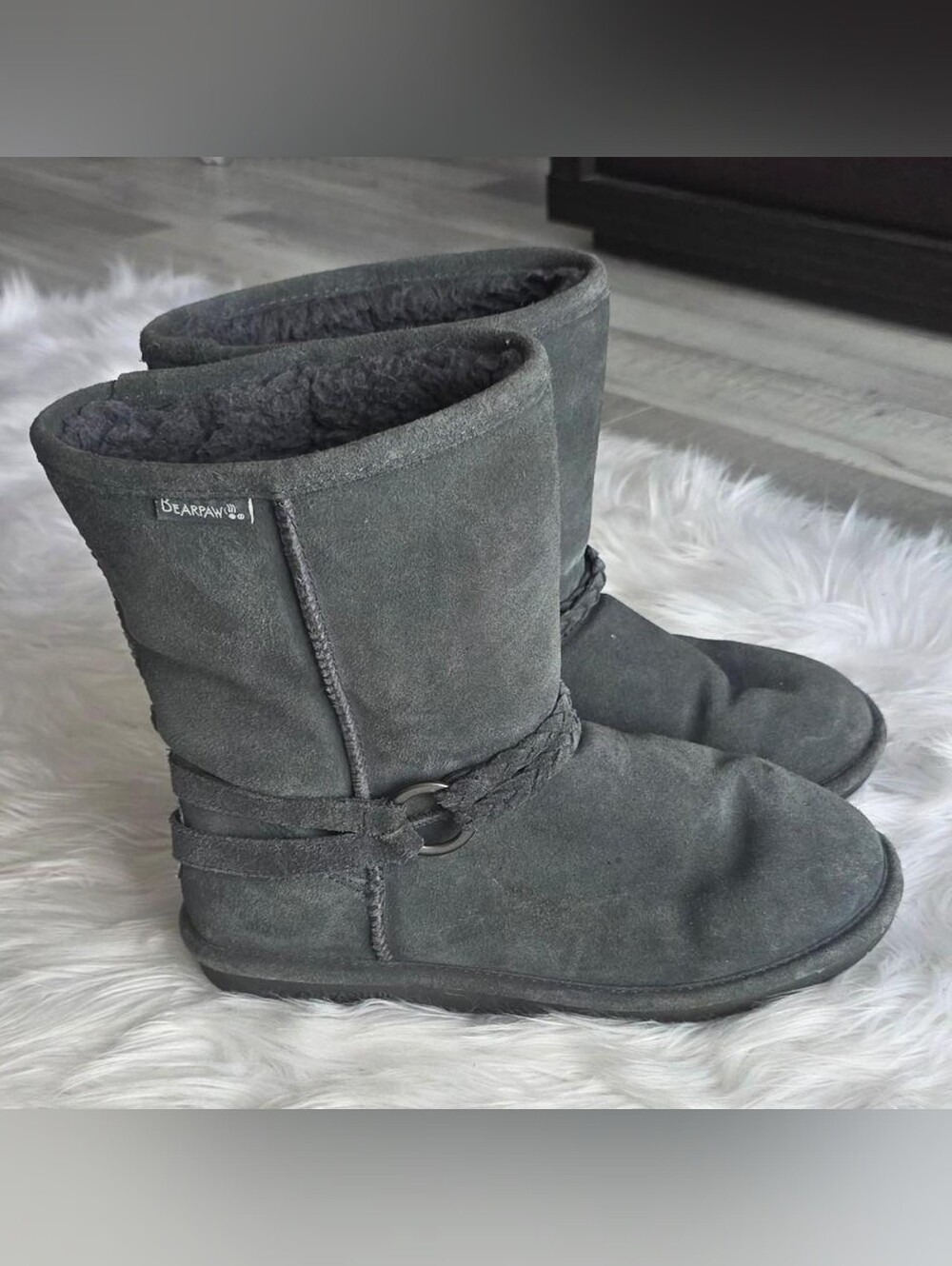 BearPaw Women's Charcoal Suede Shearling Slip-On Boots